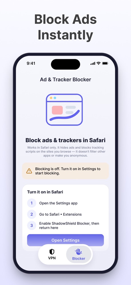 VPN Unlimited・Proxy Master App App Store screenshot 3, headline “Block Ads Instantly”. Urgent tone.