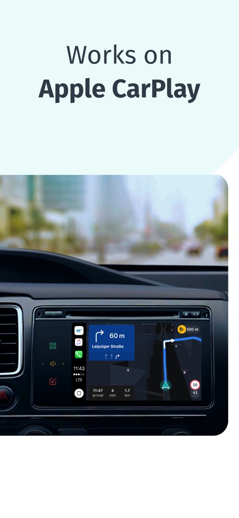 HERE WeGo Maps & Navigation - Die App ist nahtlos mit Apple CarPlay integriert, wodurch Nutzer ihre Navigation direkt auf dem eingebauten Display ihres Fahrzeugs anzeigen können, während die intuitive Benutzeroberfläche erhalten bleibt.