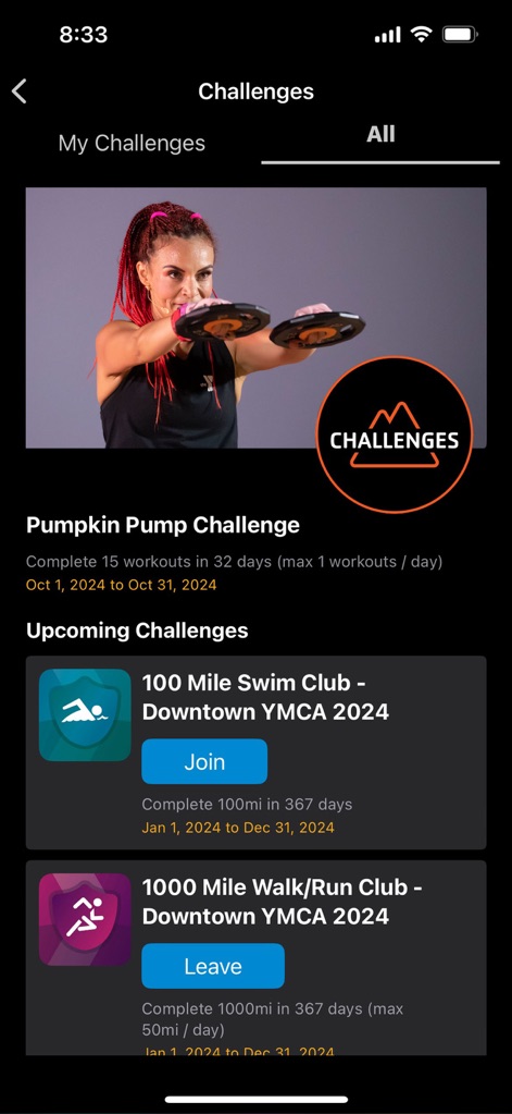YMCA360 - Participez au 'Pumpkin Pump Challenge' ou découvrez les 'Upcoming Challenges' comme les clubs de natation et de course pour rester engagé.