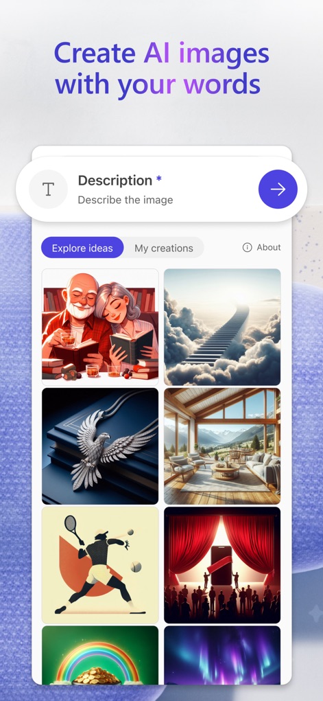 Microsoft Designer - Los usuarios pueden transformar sus descripciones textuales en imágenes asombrosas, como se evidencia en el campo de entrada 'Describe the image' y la diversidad de estilos visuales generados, desde escenas cotidianas hasta composiciones surrealistas.