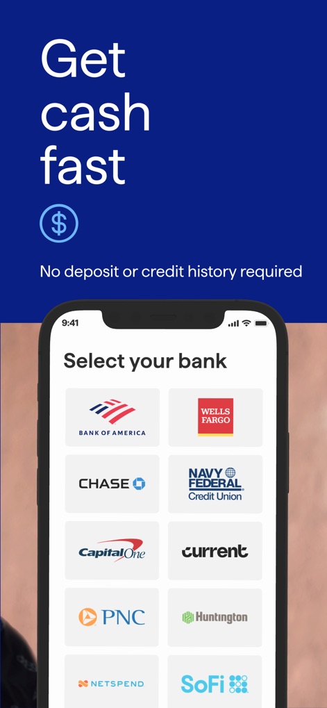 Possible: Fast Cash & Credit - The app ensures fast cash access by offering a comprehensive "Select your bank" interface with various logos and prominently displaying the "Get cash fast" benefit.