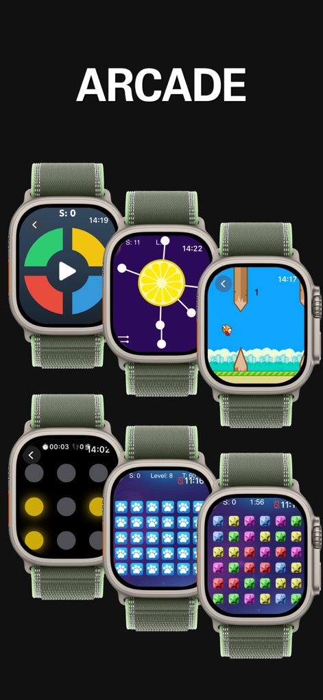 Watch Game Collection - この画面では、障害物を避けるアクションゲームと、グリッド上のライトを消していくパズルが楽しめます。