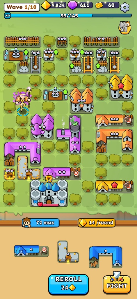 Fortress Merge - 이 화면은 더 넓어진 게임 보드에 다양한 종류의 방어 건물과 자원이 전략적으로 배치된 모습을 보여주며, 사용자는 요새를 자유롭게 확장하고 정비할 수 있습니다.