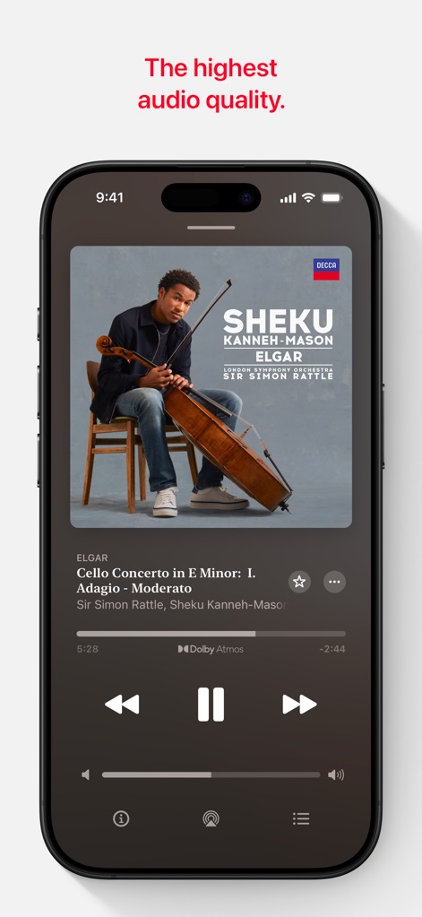 Apple Music Classical - Witness the commitment to superior sound quality, indicated by prominent 'Dolby Atmos' and 'Hi-Res Lossless' badges on the player screen.