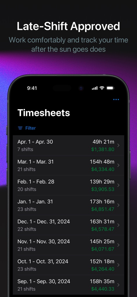 Punch Time Clock - Users can review their extensive work history via an organized monthly summary list within the app's sleek dark mode interface.