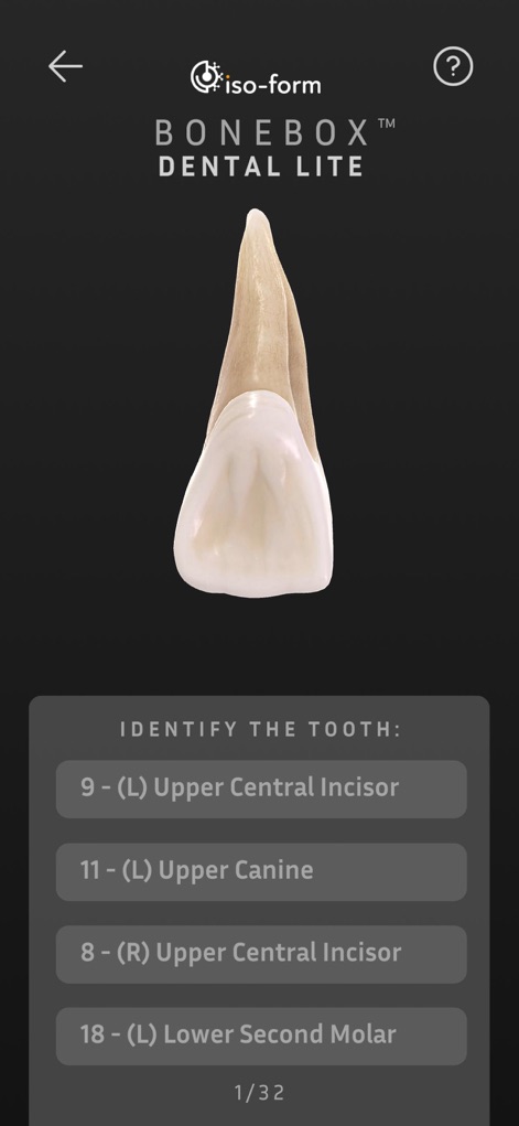 BoneBox™ - Dental Lite - Esta sección muestra la función interactiva de evaluación de la aplicación, donde los usuarios deben "IDENTIFY THE TOOTH" (identificar el diente) a partir de opciones múltiples, facilitando el refuerzo del aprendizaje con un seguimiento claro del progreso como "1/32".