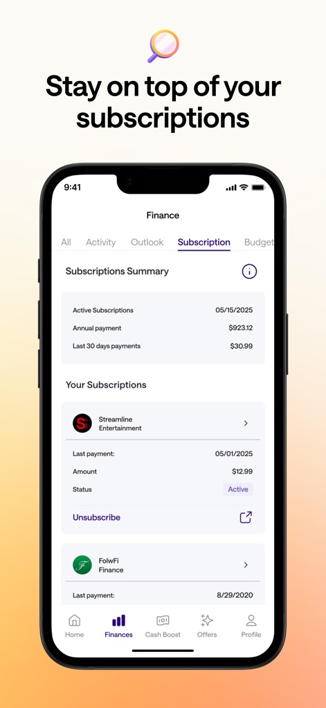 Credit Genie: Get Cash Advance - Understand how this tool helps users identify and manage recurring charges with a clear subscriptions summary and detailed listings for individual services like Streamline Entertainment.