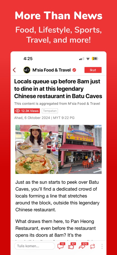 Newswav - Latest Malaysia News - Beyond traditional news, the app showcases a wide array of topics like "Food & Travel", encouraging engagement through visible "views" and a "comment" section.