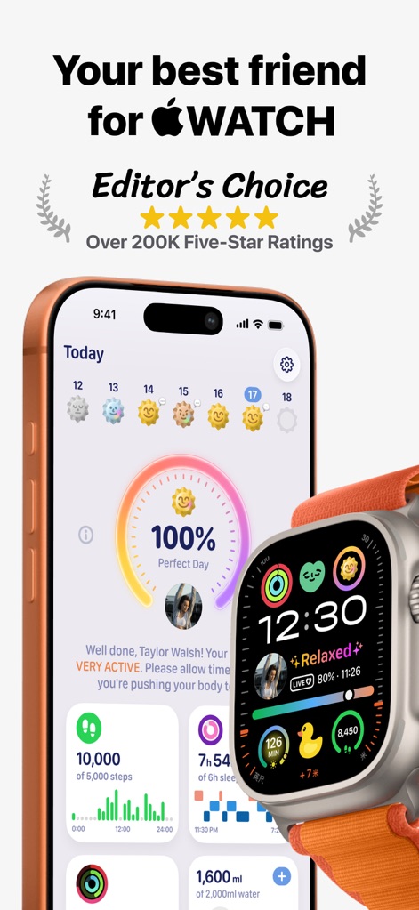 GrowPal: Health & Fitness - The app offers a comprehensive daily summary on the iPhone, complemented by real-time status like 'Relaxed' and detailed activity rings on the Apple Watch.