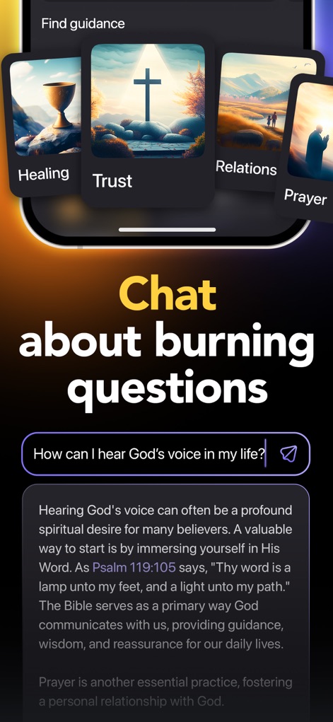 Faithe: Bible Videos & Study - Users can ask 'burning questions' in a chat interface and receive 'real-time guidance' rooted in biblical wisdom, offering clear, detailed responses.