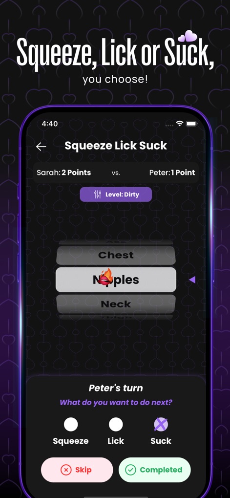 the2: Scratch Adventure - L'app offre giochi di preludio come "Squeeze Lick Suck", dove gli utenti possono scegliere azioni sensuali su specifiche parti del corpo, mentre un indicatore mostra chiaramente il turno del giocatore.