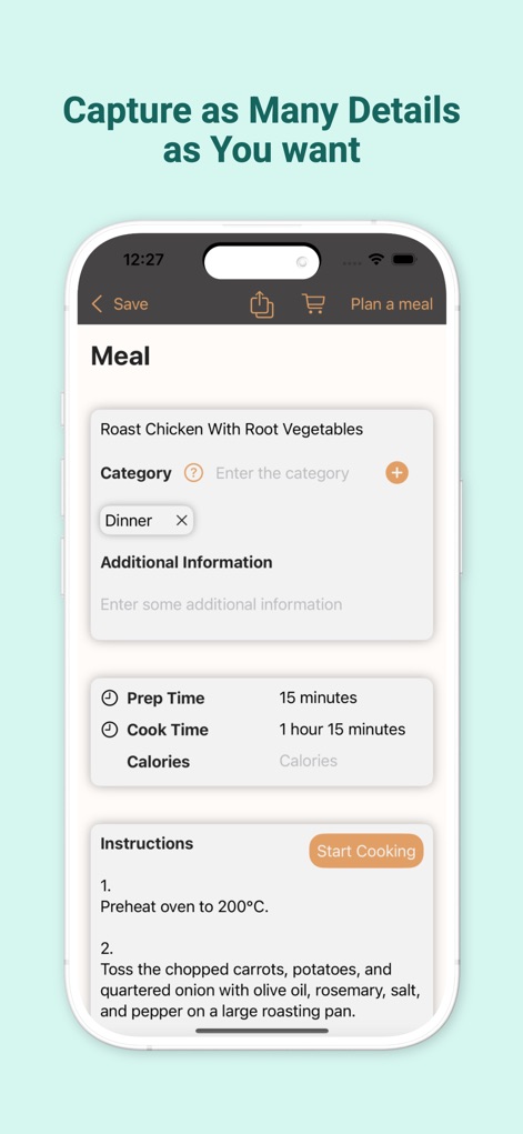 Meal Planner & Grocery List - This tool enables users to capture extensive recipe details, including precise 'Prep Time' and 'Cook Time' alongside detailed cooking 'Instructions' for each dish.