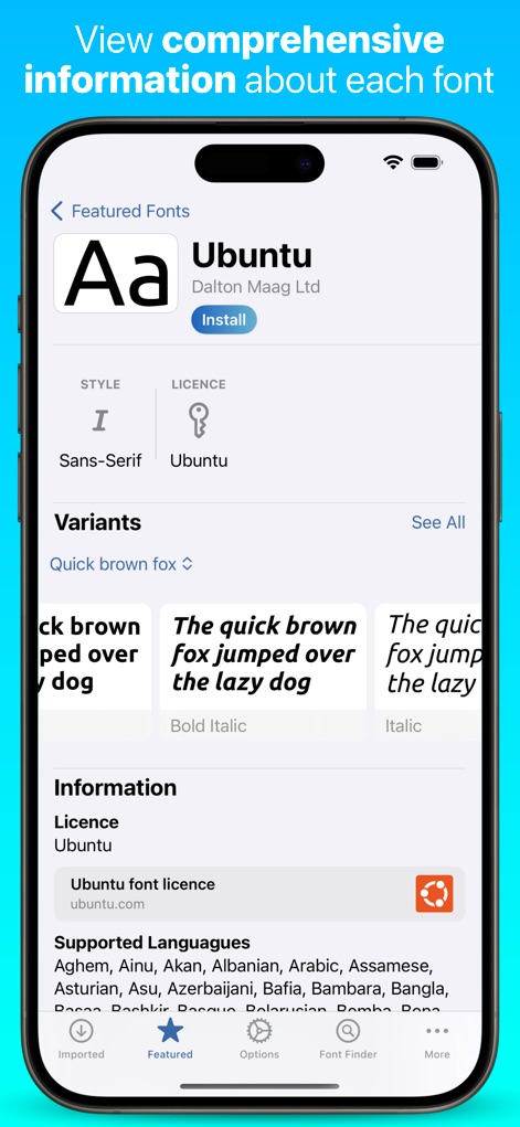 iFont: find, install any font - This tool provides comprehensive details for each typeface, showcasing its style and license information, and presenting visual 'Variants' to aid selection.