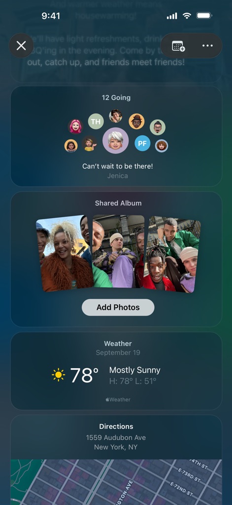Apple Invites - Diese Ansicht demonstriert die Integration von Funktionen wie einem geteilten Fotoalbum zum Hochladen von Bildern und der automatischen Anzeige von Wetter- und Karteninformationen.