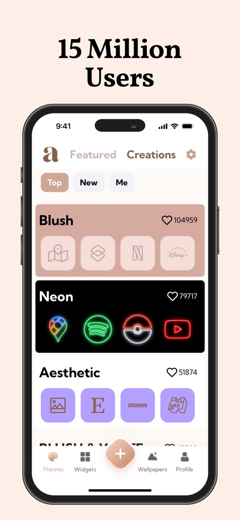 aesthetic kit: widgets, themes - Navigate the app's intuitive interface, displaying curated theme categories such as 'Blush' and 'Neon' with their popularity indicators.