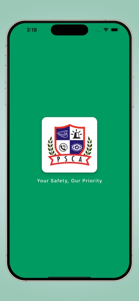 PSCA - Public Safety - See the app's clean initial interface featuring the PSCA logo and its compelling brand message, 'Your Safety, Our Priority'.