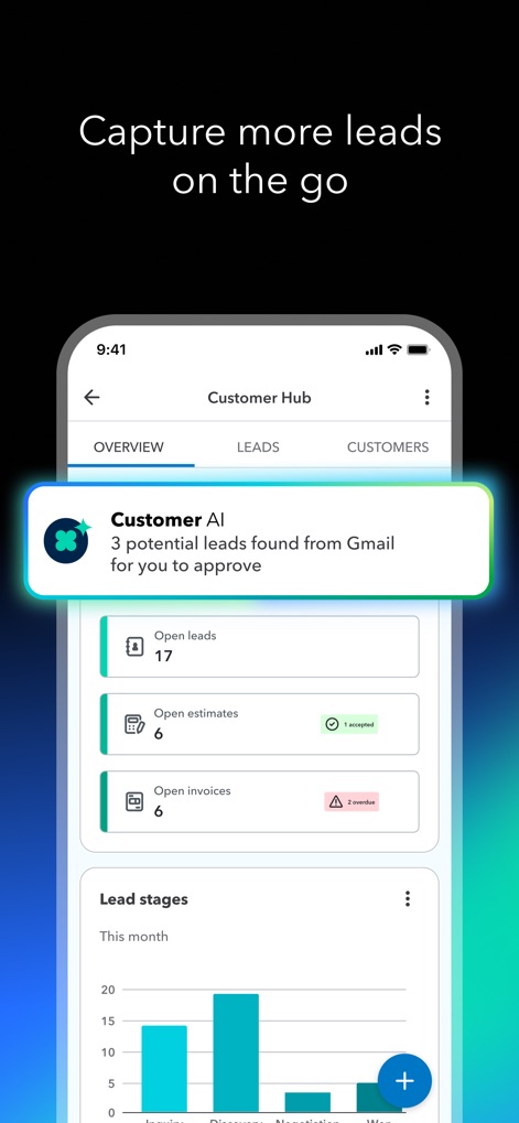 Intuit QuickBooks for Business - 顧客ハブでは、「Customer AI」からのGmailで検出された潜在的なリードに関する通知を確認でき、「Lead stages」のグラフで現在のリードの状況を視覚的に把握できます。
