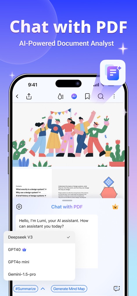PDFelement: PDF Editor, Viewer - ユーザーはPDFの内容についてAIアシスタントに直接「質問」できることと、「GPT4o」などの高度なAIモデルを選択して文書分析を行う機能が視覚的に示されています。