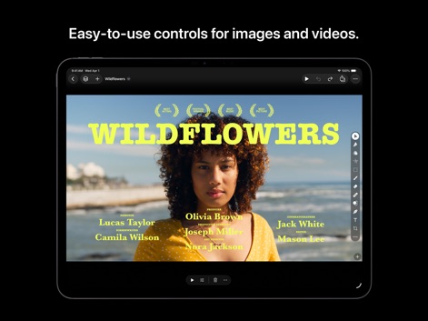 Pixelmator Pro: Edit Images - La imagen enfatiza la versatilidad de la aplicación al permitir la edición de video, donde los usuarios pueden añadir texto y superposiciones como insignias de premios, y controlar la reproducción y los efectos directamente en la pantalla.
