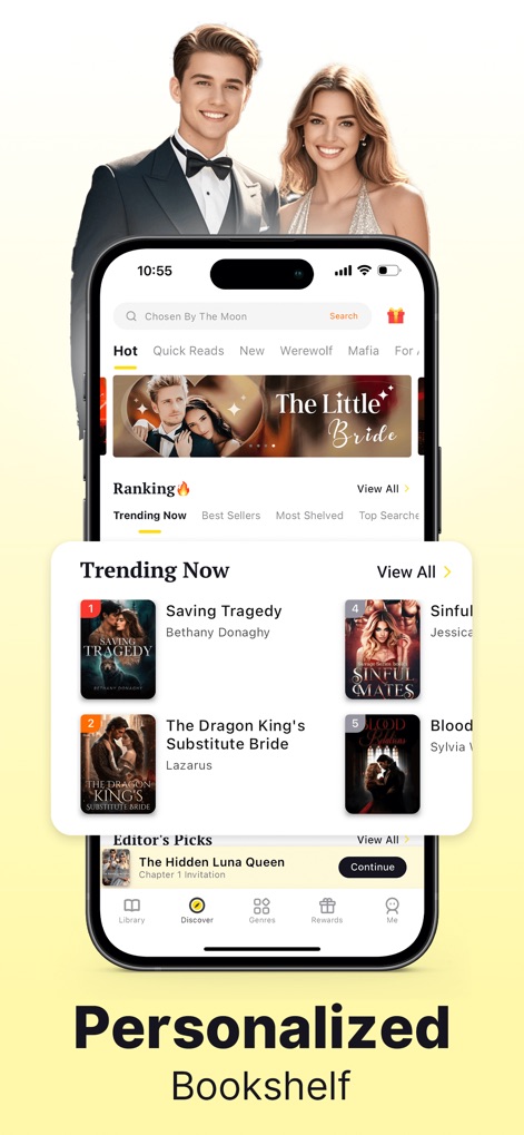 AnyStories-Top Novels & Books - Users benefit from a "Personalized Bookshelf" experience, showcasing tailored recommendations and popular titles in the dynamic "Trending Now" feed.