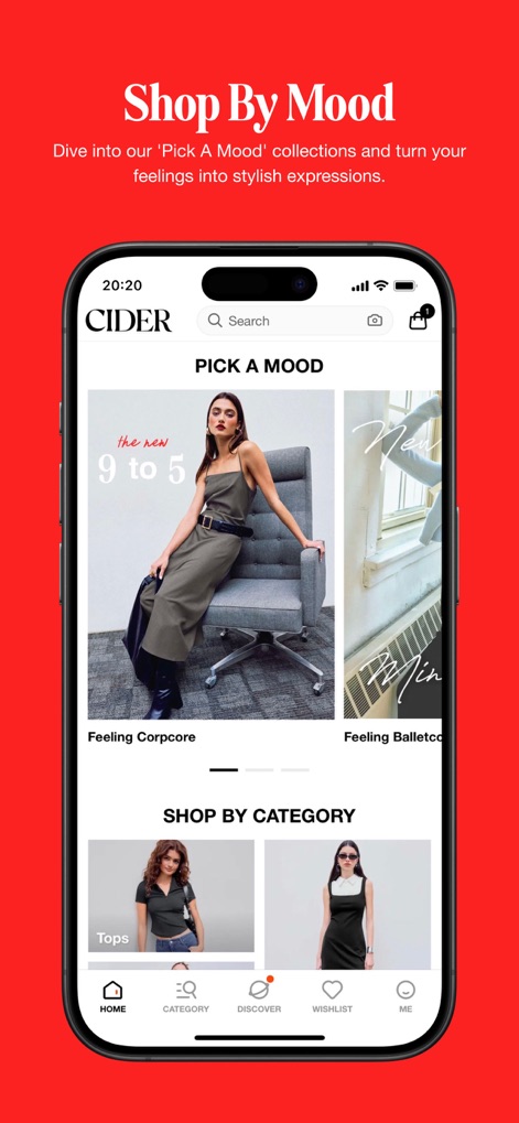 CIDER - Clothing & Fashion - La funzionalità "Shop By Mood" permette agli utenti di esplorare collezioni basate su specifici stati d'animo o estetiche, mentre la barra di navigazione intuitiva in basso assicura un'esperienza di acquisto fluida e organizzata.