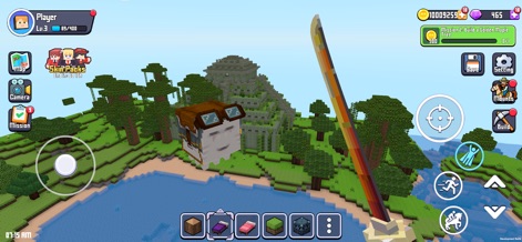 Craft Explore: Block Builder - Witness the expansive block world environment, featuring intricate blocky structures in the distance and a clear view of the player character holding a sword ready for adventure.