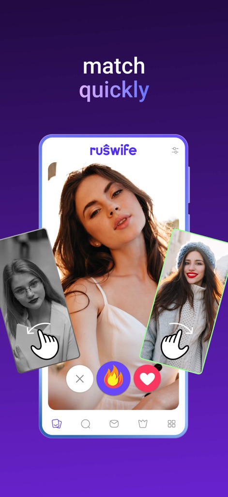 RusWife - Russian women - This tool offers an intuitive swiping interface with dynamic profile cards, allowing users to quickly assess matches using clear interaction buttons like the 'X' to skip or the 'heart' to express interest.