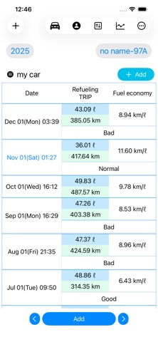 Fuel economy record screenshot