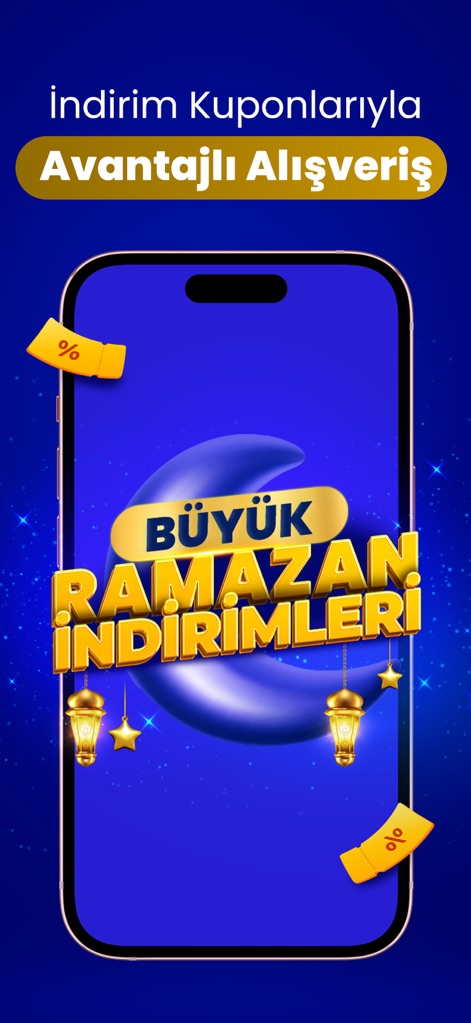 pttavm - Online Alışveriş - La aplicación atrae a los usuarios con "Grandes Descuentos de Ramadán", enfatizando el "Ahorro al comprar con Cupones de Descuento" y mostrando íconos de cupón flotantes.