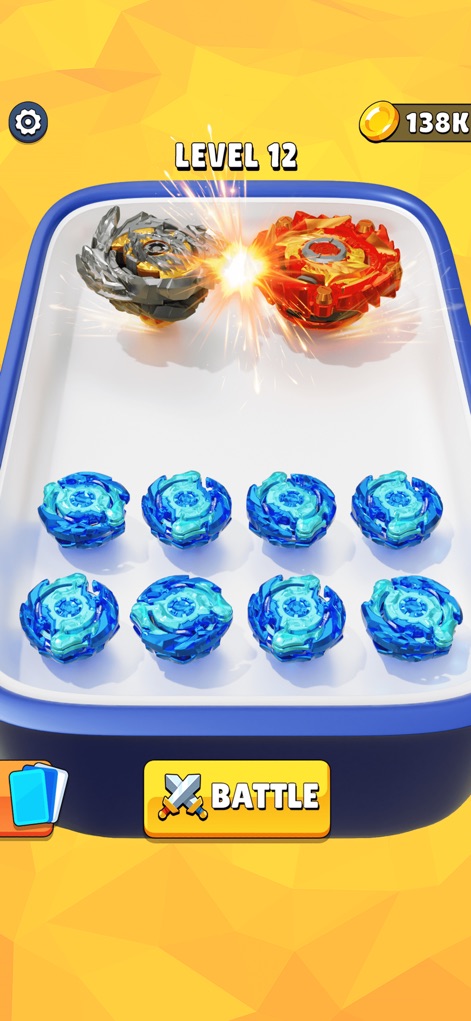 Spinner Battle Merge Master - Discover the core battle arena, showcasing the clash of two primary spinning tops and the ready collection of mergeable blue tops at the bottom.
