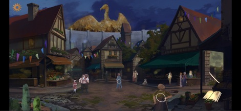 The Apocalypse Sacrifice - L'application dévoile des scènes de vie urbaine animées, comme ce marché nocturne riche en détails et une architecture médiévale caractéristique.