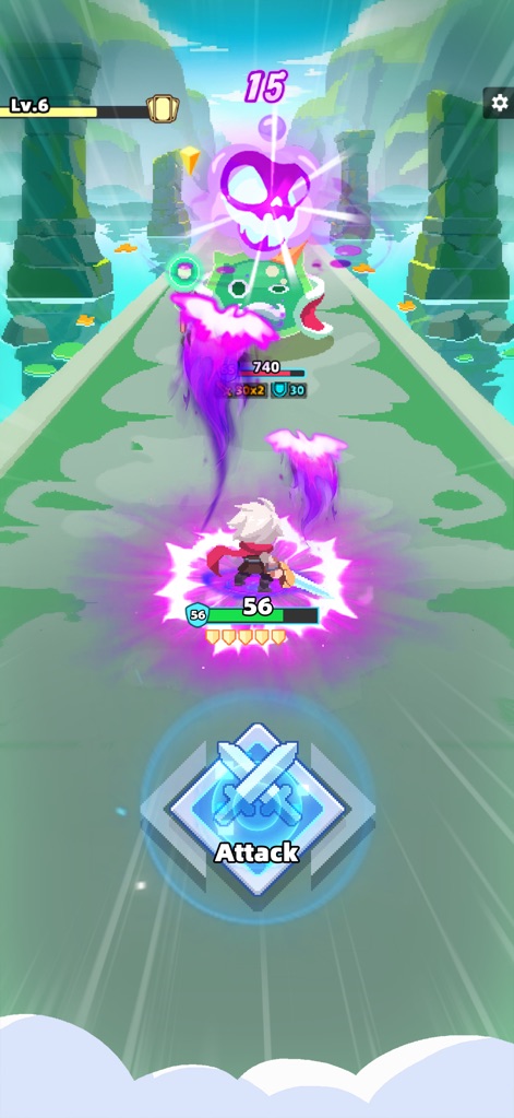 Dicero! - Dive into challenging boss battles showcasing bold purple attack effects and the game's clean damage number visuals as the hero engages powerful foes.