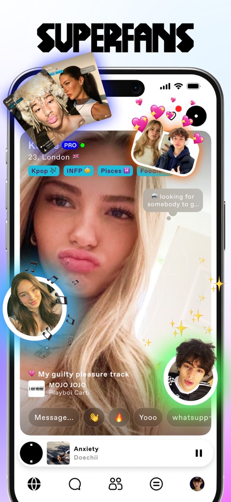 EQUALS: Make Friends via Music - This view immerses users in the superfan experience, displaying detailed user profiles with interests like "Kpop" and "INFP" alongside vibrant real-time interaction indicators.