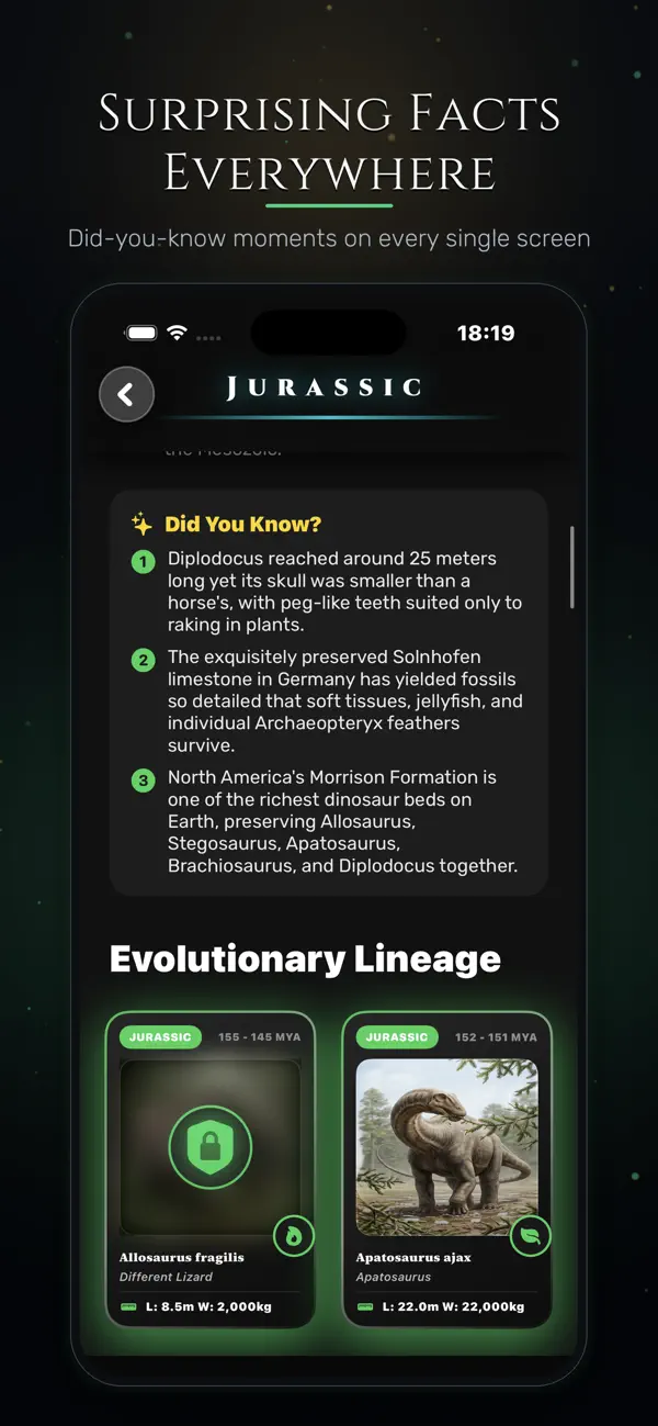 Dinopedia: Prehistoric Trivia iPhone and iPad interface for Twelve geological eras. Nearly 200 creatures, from the official App Store gallery
