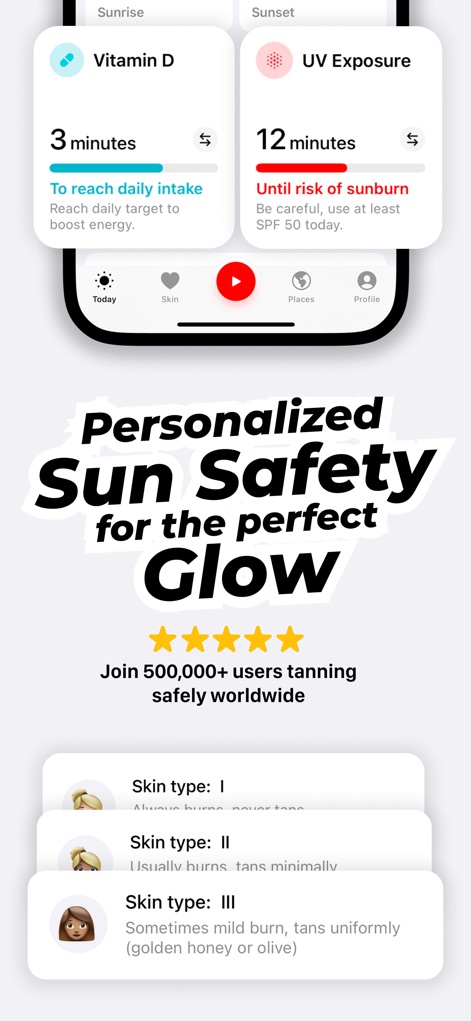 SunSafe: UV Index & Tanning - ユーザーは自身の肌タイプを選択することで、個別の肌タイプに応じた日焼け対策と、UV曝露とビタミンDの摂取状況を同時に追跡できます。