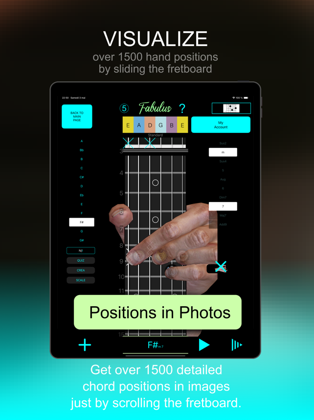 لقطة شاشة للوحة أصابع الجيتار من أداة البحث عن الأوتار