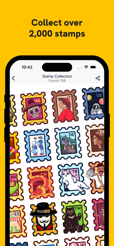 Slowly: Make Global Friends - Users can explore their extensive "Stamp Collection" through a visually rich grid showcasing numerous unique and colorful stamps from various global regions.