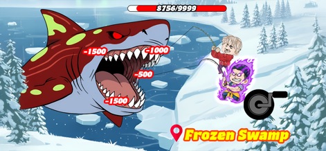 Fishing Mega Battle - La aplicación sumerge a los usuarios en variados entornos, como el helado Pantano Congelado, donde un pescador con un aura morada se enfrenta a un temible tiburón gigante de dientes afilados.