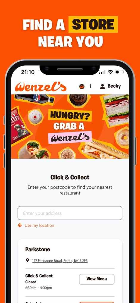 Wenzel’s Loyalty App - This tool efficiently helps users 'FIND A STORE NEAR YOU' via a postcode input field and displays detailed location information for places like Parkstone.