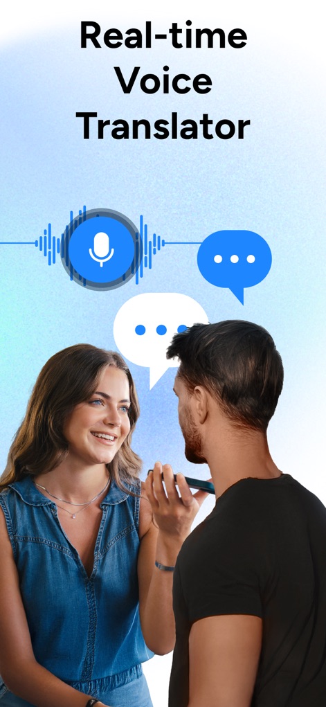 Translate AI • AI Translator - Esta imagen demuestra la capacidad de traducción de voz en tiempo real de la aplicación, facilitando conversaciones fluidas entre dos personas a través del **micrófono activo** y las **burbujas de diálogo** que simulan el intercambio verbal.