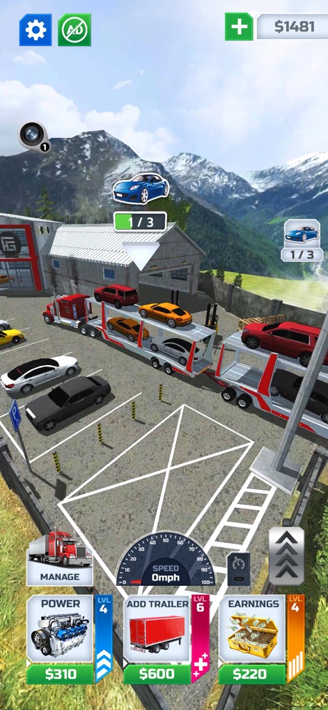 Truck Transport Simulator ! - Die Szene präsentiert die effiziente Verladung von Luxusautos auf mehrere Anhänger in einem großzügigen Parkbereich, bereit für den nächsten Transportauftrag.