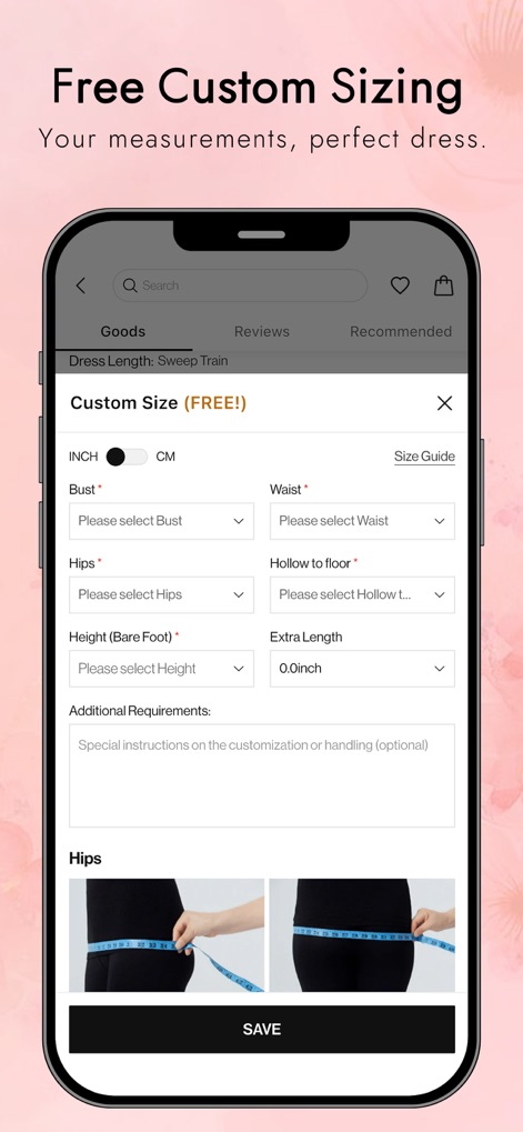 MISSACC: Bridal & Prom Dresses - Die Funktion 'Free Custom Sizing' erlaubt es Nutzern, präzise Körpermaße wie 'Bust' und 'Waist' einzugeben, um eine perfekte Passform ohne zusätzliche Kosten zu gewährleisten.