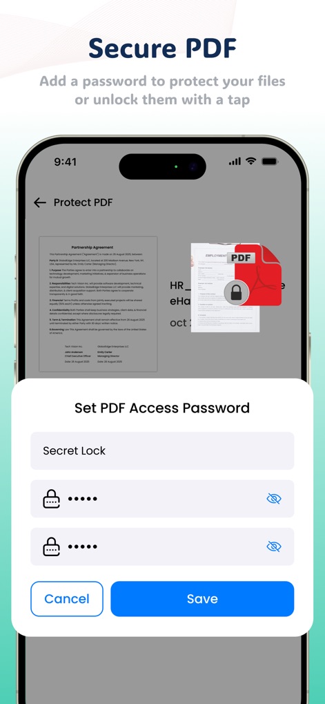 OKEN Scanner - PDF Scanner - Protégez vos informations sensibles en définissant un 'Secret Lock' avec mot de passe pour vos PDF, comme indiqué par le champ de saisie du mot de passe et l'icône de cadenas sur le document.