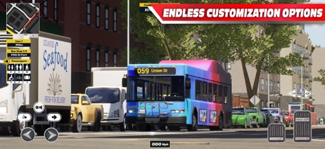 Bus Simulator PRO 2026 - Observe o ônibus com uma pintura personalizada em gradiente, destacando as opções de customização, enquanto o trânsito da cidade preenche o cenário.