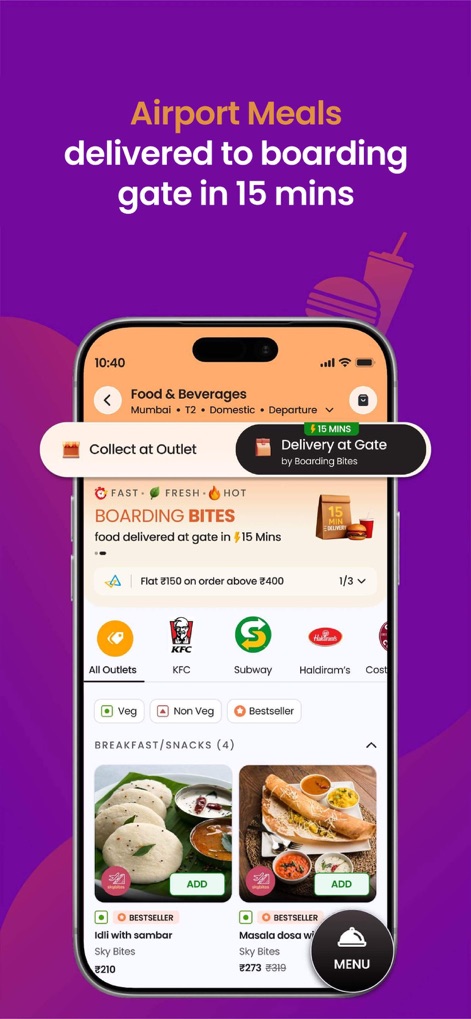 Adani OneApp: For Smart Travel - This tool facilitates convenient gate delivery of meals via 'Boarding Bites' and offers an extensive menu with options categorized by dietary preferences like 'Veg' and 'Non-Veg'.