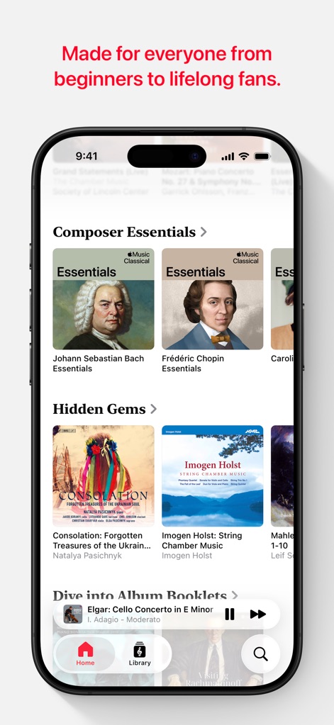 Apple Music Classical - Discover new favorites through expertly curated 'Composer Essentials' playlists and a captivating 'Hidden Gems' section, showcasing diverse classical recordings.