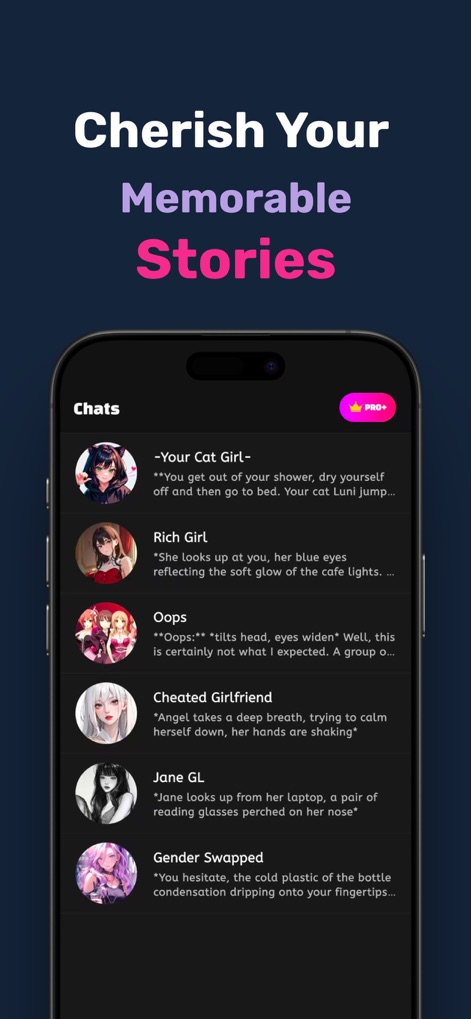Yollo AI: Roleplay, AI Video - The app meticulously preserves user interactions, displaying a clear chat history list and engaging conversational snippets from past dialogues.
