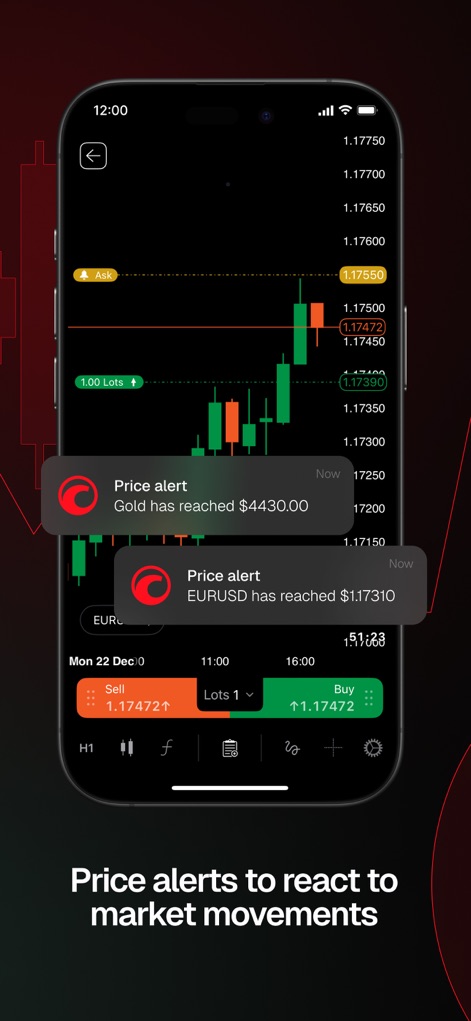 cTrader: Trading & Charting - The app ensures traders stay informed with real-time price alerts for instruments like Gold and EURUSD, delivering notifications directly to the user.