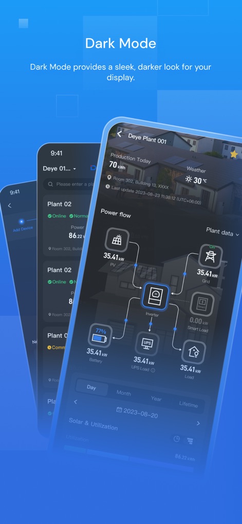 Deye Cloud - The app enhances usability with a sleek 'Dark Mode' interface, which is applied across screens like the 'Power flow' diagram and the plant list showing 'Online/Normal' status.