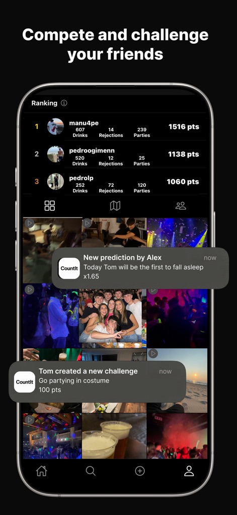 CountIt: Party Countdown - このアプリは、友達との競争を促進し、ポイントと統計情報（例：「Drinks」「Parties」）に基づくランキングボードを表示します。ユーザーは、新しいチャレンジの通知をフィードで受け取ることができます。